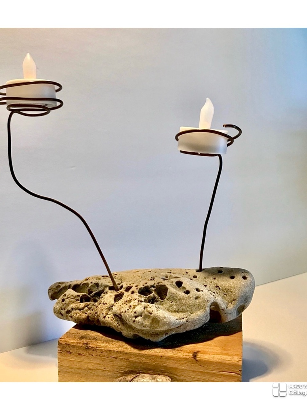 Unique candleholder. Wood base, copper wire, ocean coquina shell rock Florida
